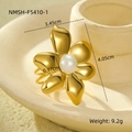 Detailed view of large gold petal ring with central pearl and dimensions 3.45cm by 4.05cm - Intricate Hollow Large Flower Pearl(NMSH-F5410-1)