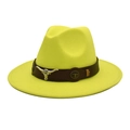 Detail of yellow wool fedora with brown leather band and silver bull head ornament - M (56-58cm) / Neon Yellow