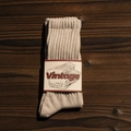Vintage beige ribbed knit cotton crew socks with paper band on dark wood background - One Size / Grey-Beige