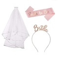 Rose gold Bride headband set with pink Bride to Be sash and white double-layered bridal veil - Headband Sash Veil Set (Gold Letters Pink Sash) / Rose Gold