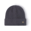 Dark grey fluffy knit beanie with a golden metal letter M logo on the folded cuff - Dark Gray