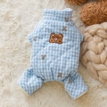 Quilted light blue checkered dog jumpsuit with bear embroidery for small pets - Thick Blue Plaid Bear / S (Recommended weight 1.5-2.5kg)