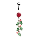 Christmas belly ring with red crystal stone and green enamel holly leaf pendant - Holly Leaf (Style 6)