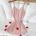 Elegantes rosa Satin-Unterkleid mit V-Ausschnitt und dünnen Trägern für Zuhause - S / Rosa