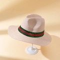 Chapeau fedora classique en paille beige avec ruban en strass colorés pour femmes - Rose