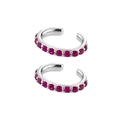 Detail of silver ear cuffs featuring a row of vibrant fuchsia rhinestones on white background - 24K / Silver Base - Magenta Zirconia (JQH0043-SS-1)