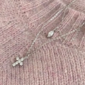 Detail of S925 silver double-layer necklace with zircon cross and marquise drop pendant - White Gold