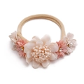 Detail of baby headband with handmade fabric flowers, faux pearls, and rhinestones - Style 01