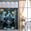 Detail of 3D Halloween ghost pattern on waterproof polyester shower curtain with metal rings - Toilet Ghost - Shower Curtain Only