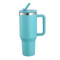 Close-up of a teal 40oz insulated tumbler with handle, stainless steel rim, and straw - Emerald Spray Plastic|1200ml
