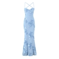 Detailed close-up of 3D floral embroidery on a light blue lace fishtail strap dress - Light Blue