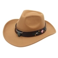 Chapeau de cowboy en laine camel avec pendentif tête de taureau et broderies - M(56-58cm) / Camel (Tête de Taureau + Broderie Florale)