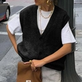 Chaleco de punto negro para mujer con cuello en V, botones sencillos y corte holgado - S / Negro