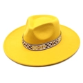 Detail of yellow wool fedora hat featuring an ethnic geometric woven band decor - M (56-58cm) / Yellow