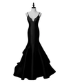 Elegant black fishtail satin evening gown with deep V-neck and spaghetti straps - US size 2 (S) / Black