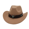 Detail of camel wool felt cowboy hat with antique bull skull and floral embroidery band - One Size / Camel (Bronze Star)