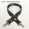Detail of green leopard print nylon shoulder strap with gunmetal swivel hooks - Green + Gunmetal Hook