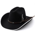 Chapeau de cowboy en laine noire avec bord blanc, ruban en cuir et plume décorative - M (56-58 cm) Réglable / Noir avec Bordure Blanche