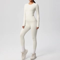 Completo yoga da donna bianco crema con maglia a maniche lunghe e leggings a vita alta - Avorio Chiaro