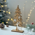 18cm wooden Christmas tree ornament with white reindeer and snowflake motif on base - Xmas Tree Reindeer