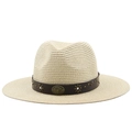 Detail of woven straw texture with brown leather band and metallic floral ornaments - M (56-58cm) / Beige