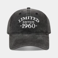 Detailed view of 3D embroidery and washed charcoal grey cotton texture on baseball cap - Adjustable / 1960 Black