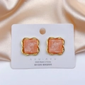 Close-up of square stud earrings with peach marble texture and S925 silver needles - Orange Square Stud Earrings (6#) / Orange Pink