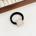 Elastic black hair tie with a silver square charm featuring pearls and rhinestones - 09# Pearl Full Rhinestone Square-Silver