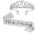 Silver 70th Birthday set with rhinestone crown, 70 & Fabulous sash, and pearl pin - 70 Years Old Silver (Tiara And Silver Sash And Pin)