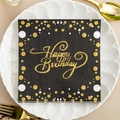 Black party napkin with golden Happy Birthday lettering and polka dot pattern - Happy Birthday (1012)