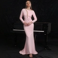 Elegant pink long-sleeve evening gown with silver sequins and cutout detail - S / Pink