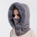 Grey winter knit hooded scarf with thick faux fur lining and adjustable drawstrings - Gray