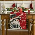 Detail of red Christmas table runner with snowman and Let It Snow print in cotton linen - Red Snowman Let it Snow