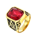 Anello massonico d'oro con grande pietra rossa rettangolare e simbolo G - Misura 7 / Oro Nero con pietra rossa