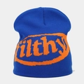 Close-up of blue knit beanie featuring orange filthy letter jacquard pattern texture - Blue