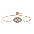 Macro shot of rose gold Evil Eye bracelet with blue and white zircon stones and adjustable chain - Rose Gold