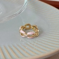 Pink enamel chain ring with gold finish and small sparkling crystals for women - Adjustable Open / Pink Enamel Chain Style (J3326)
