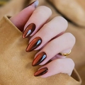 Glossy almond shaped warm brown cat-eye press-on nails with metallic light effect - Dark Red Brown Cat Eye (1XB1-13631)