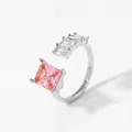 Adjustable 316 stainless steel ring with square pink zircon and side accent stones - Silver + Pink Zircon (PBJ463)