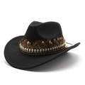 Western cowboy wool hat in black with decorative brown feathers and metal skulls - Black