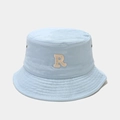 Detail of light blue cotton bucket hat featuring white embroidered letter R and stitched brim - M (56-58cm) / Light Blue