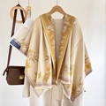 Beige cashmere-like scarf with yellow and purple floral print and elegant tassel fringe - Fresh Floral-Khaki Yellow