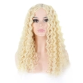 Detailed view of long golden afro kinky curly synthetic wig with natural wavy texture - Light Gold