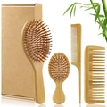 Bamboo hair brush set with massage cushion, wide-tooth and tail combs in eco-packaging - 4-Piece Bamboo Set (Oval)