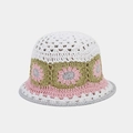 Close-up of hand-crocheted hollow flower patterns on a vintage-style cotton bucket hat - One Size / White Flower