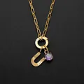 Stainless steel gold necklace with textured U-letter and purple gemstone pendant - Letter U Style (Steel) / Silver