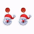 Close-up of Santa Claus PVC earrings with glittery red hats and colorful sequins - Santa Claus Stud Earrings