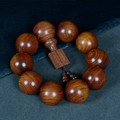 Polished Huanghuali rosewood prayer beads bracelet with wooden pendant and silk tassel - 25mm*10 Beads / Premium [Square Plate + Gourd]
