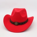 Detail of red wool cowboy hat featuring a brown braided band and vintage star buckle - One Size / Red