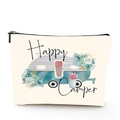 Détail de la trousse de maquillage en lin avec motif Happy Camper et décor floral - Campeur Heureux